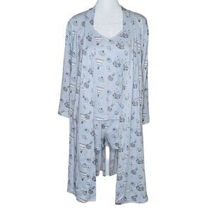 Cozy Couture 3 Piece Wedding Print Pajama Set Robe Tank Shorts Light Blue Large